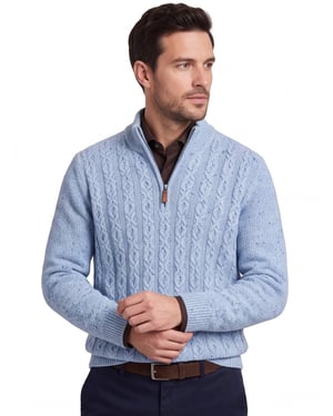 Fynch Hatton half zip kabeltrui wol lichtblauw