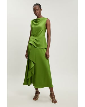Textured Satin Ruffle Detail Sleeveless Midi Dress