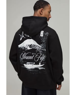 Black Oversized Mount Fuji Graphic Hoodie