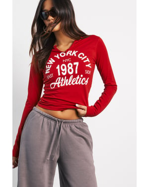 New York Printed Notch Neck Long Sleeve Top