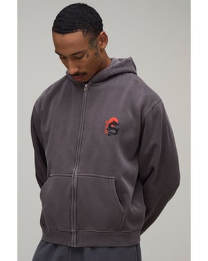 Oversized Boxy Dragon Washed Zip Through Hoodie