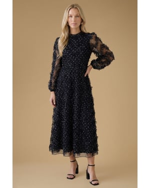 Long Sleeve Printed Mesh Midi Dress
