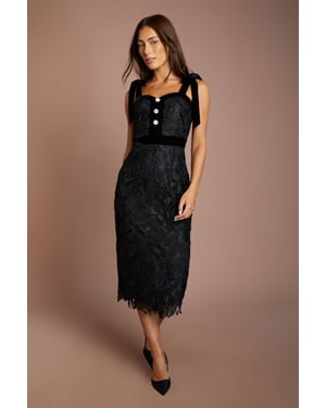 Satin Lace Pencil Midi Dress With Velvet Tie Shoulders