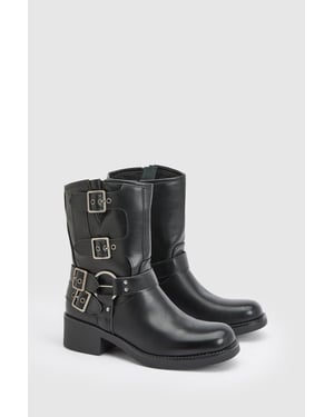 Seline Faux Leather Medium Block Heel Biker Boots