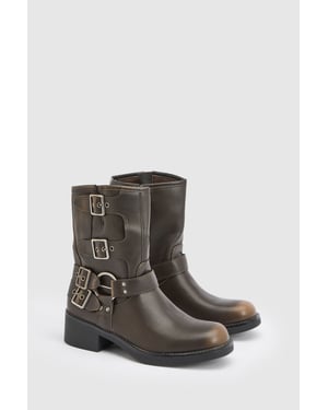 Seline Faux Leather Medium Block Heel Biker Boots
