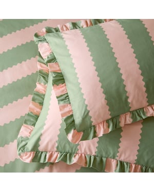 Furn Birdie Stripe Ruffle Pillowcase Pair, Pink/Green