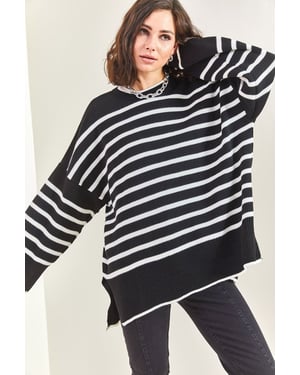 Oversized Striped Knit Sweater with Ribbed Detail