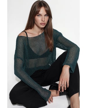 Semi-Sheer Boat Neck Knit Sweater