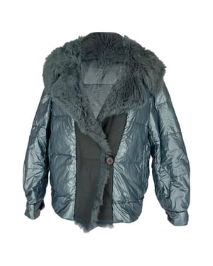 Prada Down Jacket with Faux Fur Hood in Light Blue Nylon
