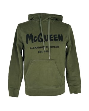 Alexander Mcqueen Graffiti Logo-Print Hoodie in Olive Cotton