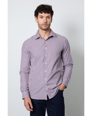 Burgundy Gingham Check Slim Fit Long Sleeve Shirt