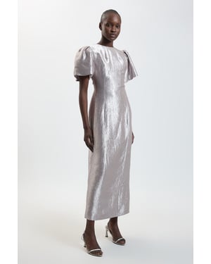 Puff Sleeve Metallic Textured Midi Dress