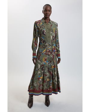 Floral Print Belt Detail Viscose Midi Shirt Dress