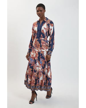 Baroque Print Belt Detail Viscose Midi Shirt Dress