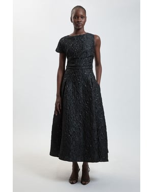Petite Jacquard Asymmetric Sleeve Midi Dresss