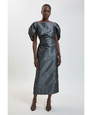 Taffeta Twill Puff Sleeve Midi Dress