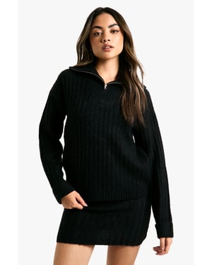 Soft Knit Thick Rib Zip Neck Oversized Jumper And Mini Skirt Set