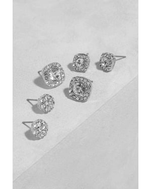 Silver Square Diamante Stud 3 Pack