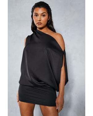 Satin Off Shoulder Asymmetric Bodycon Mini Dress