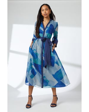 Blue Belted Contrast Detail Collarless Shirt Dress
