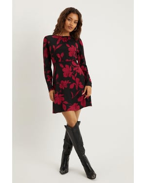 Petite Red Floral Puff Sleeve Fit And Flare Mini Dress