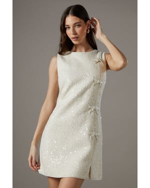 Sequin Boucle Shift Dress With Bows