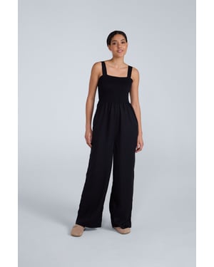 'Astrid' Women's Jumpsuit Relaxed Fit Sleeveless Shirred Bodice Wide Leg Outfit Black