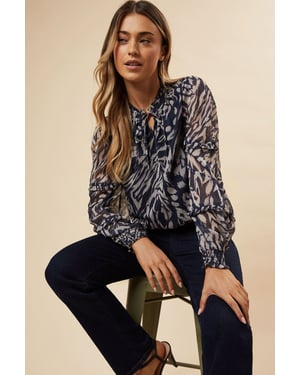 Navy Animal Chiffon Ruffle Sleeve Shirred Hem Blouse