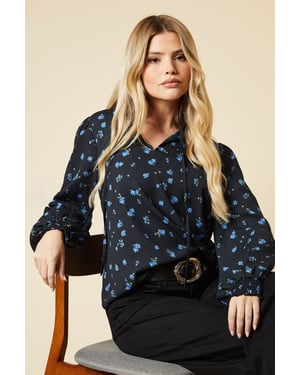 Blue Ditsy Shirred Cuff Blouse