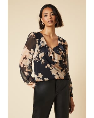 Ochre Floral Chiffon Ruffle Neckline Long Sleeve Blouse