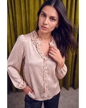 Crinkle Satin Frill V-Neck Top
