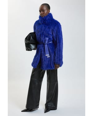 Textured Faux Fur Belted Collar Short Coat