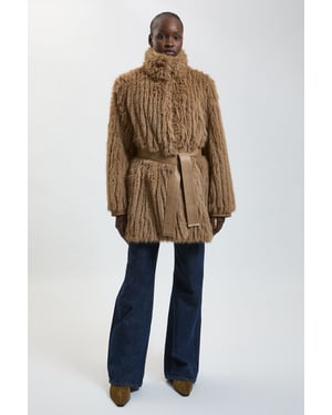 Textured Faux Fur Belted Collar Short Coat
