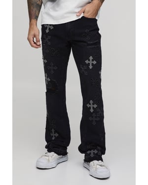 Distressed Applique Gusset Raw Hem Stacked Flared Jeans