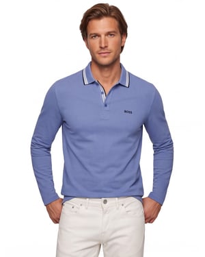 Lange mouw Plisy polo BOSS Green blauw 3-knoops