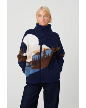 Dark Navy Sherpa Fleece Landscape Print Zip Sweatshirt