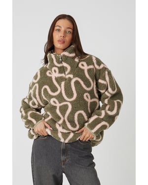 Khaki Sherpa Fleece Squiggle Print Sweatshirt