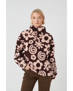 Pink Flower Print Sherpa Fleece Sweatshirt