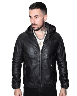 Men’s Casual Leather Hooded Bomber Jacket-Odesa