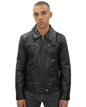 Heren zwart rundleer Harrington jas-Genève