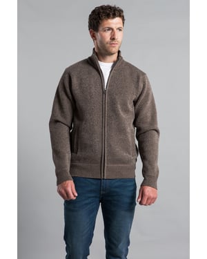 Taupe Full Zip Cardigan With Checked Faux Fur Lining