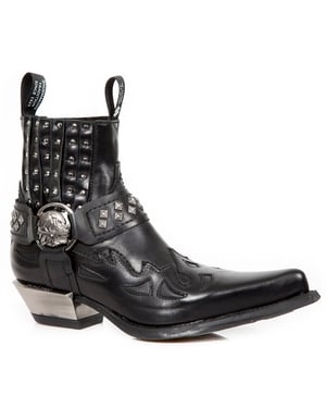 New Rock Studded Black Leather Western Biker Boots-7950-S1