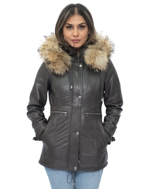Dames lederen parka jas met capuchon-Putian