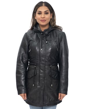 Dames leren parka jas met capuchon-Boekarest