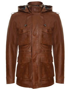 Hooded Trench Multi-Pocket Overcoat Leather Jacket