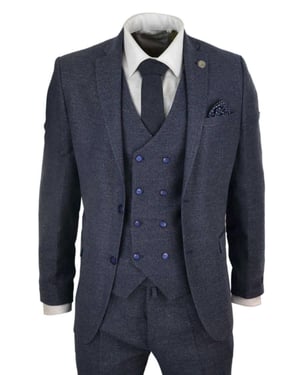 Heren blauwe wol 3-delig pak Double Breasted gilet Tweed Peaky Blinders jaren 1920