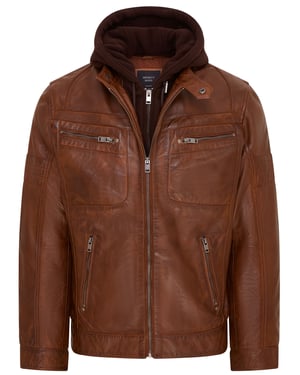 Bruin leren bikerjack met capuchon voor heren - Stavern