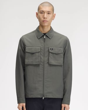 Regular Fit Long Sleeve Logo Detail Overshirt in Olive