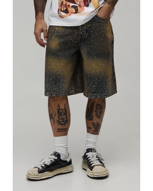 Clustered Rhinestone Tinted Denim Jorts