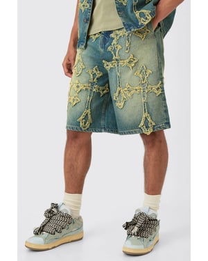 Distressed Cross Applique Denim Jorts In Green